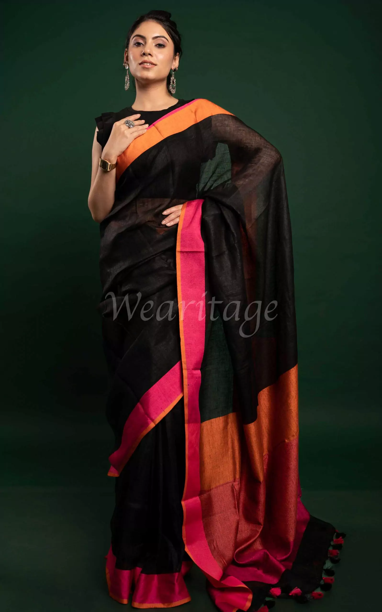 Buy Black & Brick Orange-Semi gadwal cotton Saree online | Kalyani Cotton  from ShrusEternity