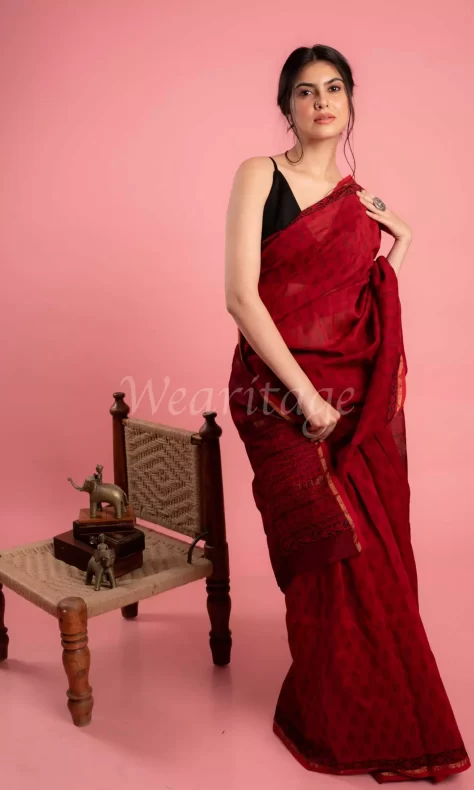 Pretty Lady in Red Chanderi Saree | Saree, Saree blouse patterns, Hand work  blouse design