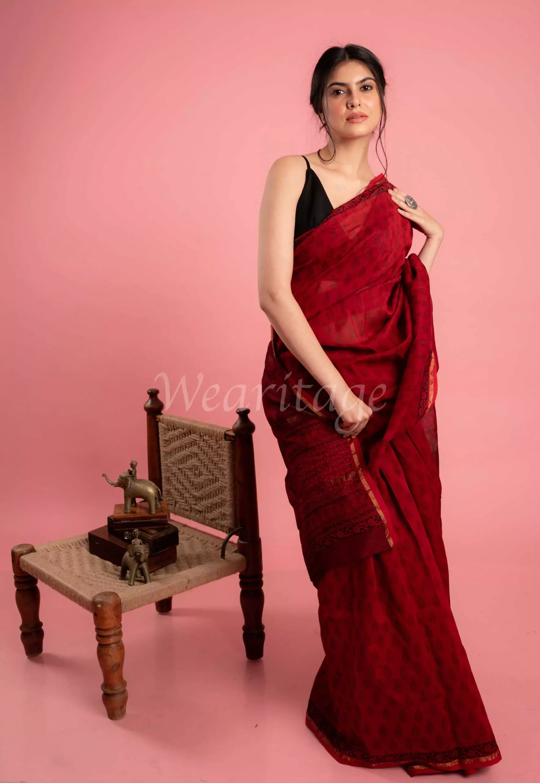 Handloom chanderi katan organza silk saree in red color. Festive wear –  Desi Potli®