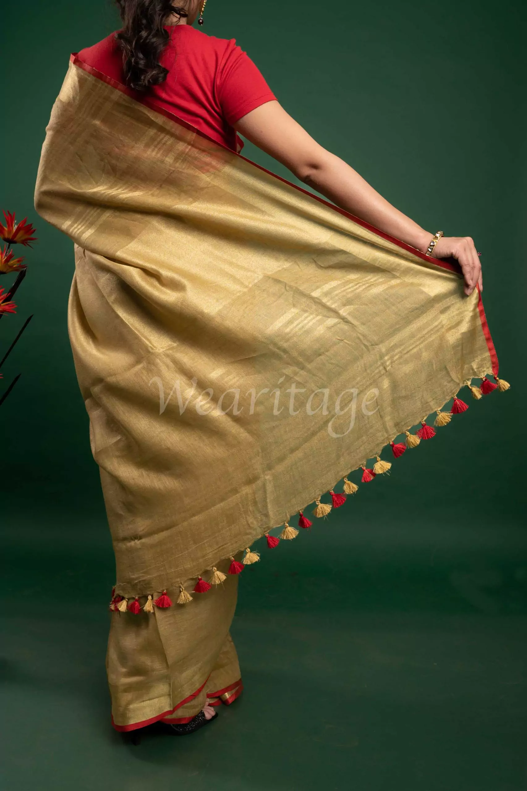 Golden linen embroidery saree with running blouse piece