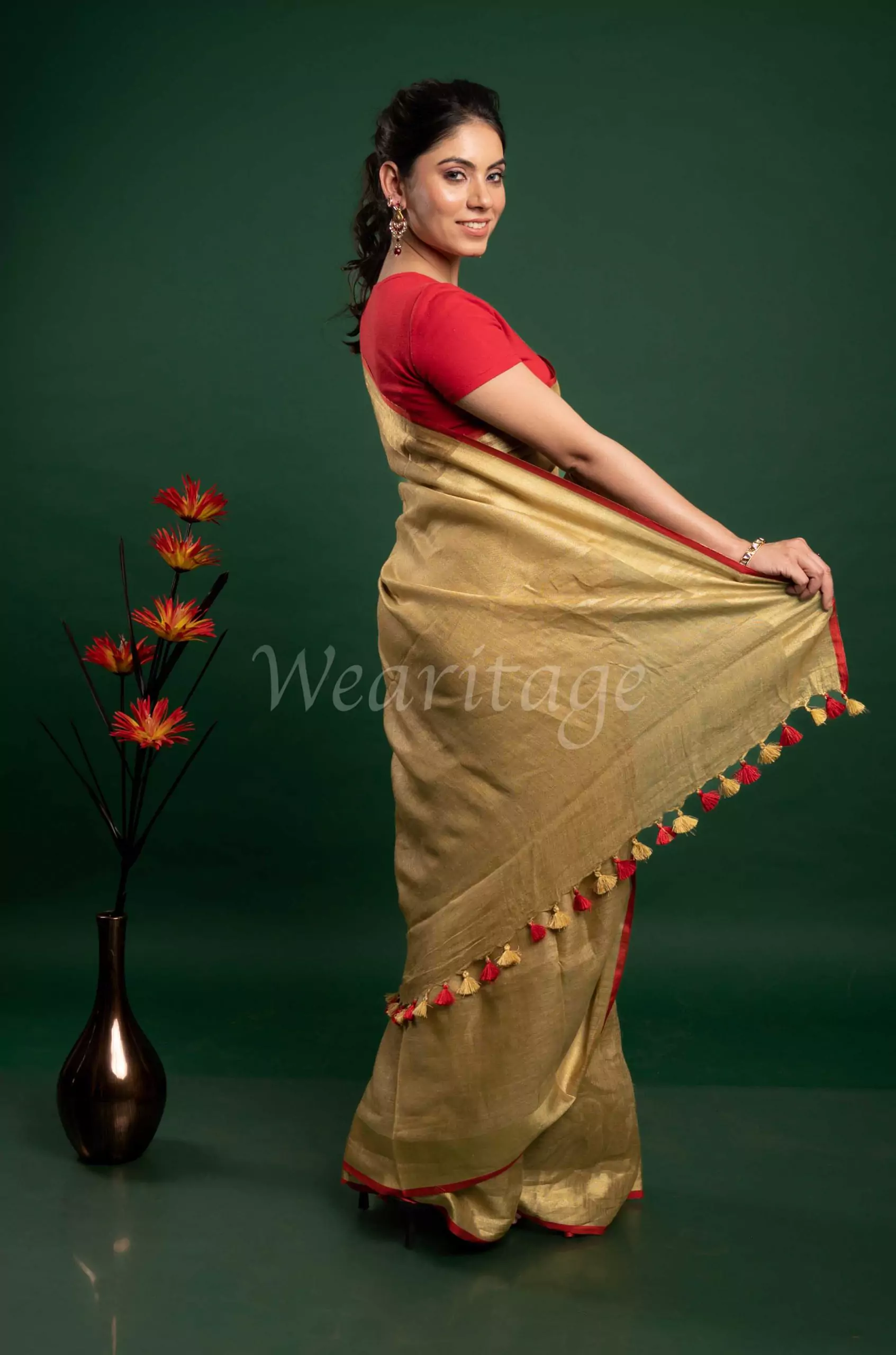 Maroon Linen Cotton Saree With Brocade Blouse