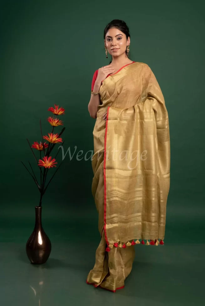 Red Pure Linen Saree With Golden Border - Andloo