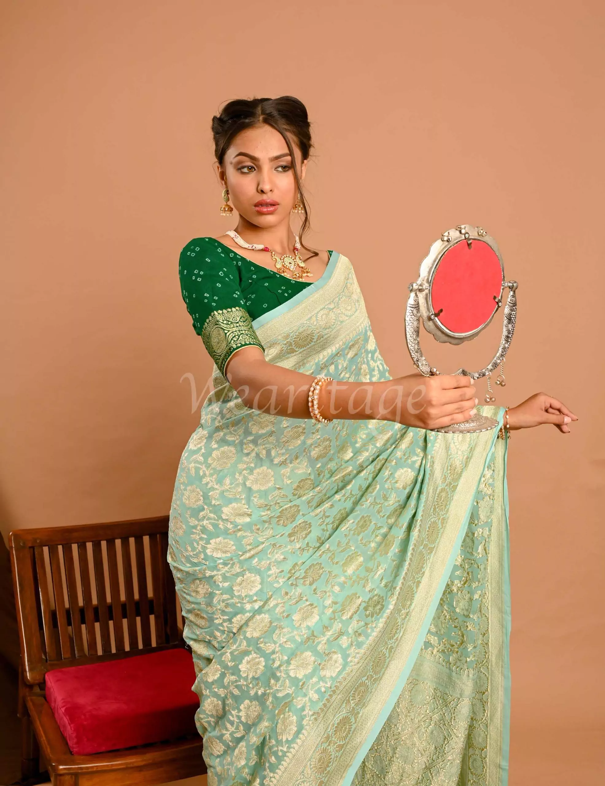 Light Olive Green Saree With Embroidered Blouse 2395SR14