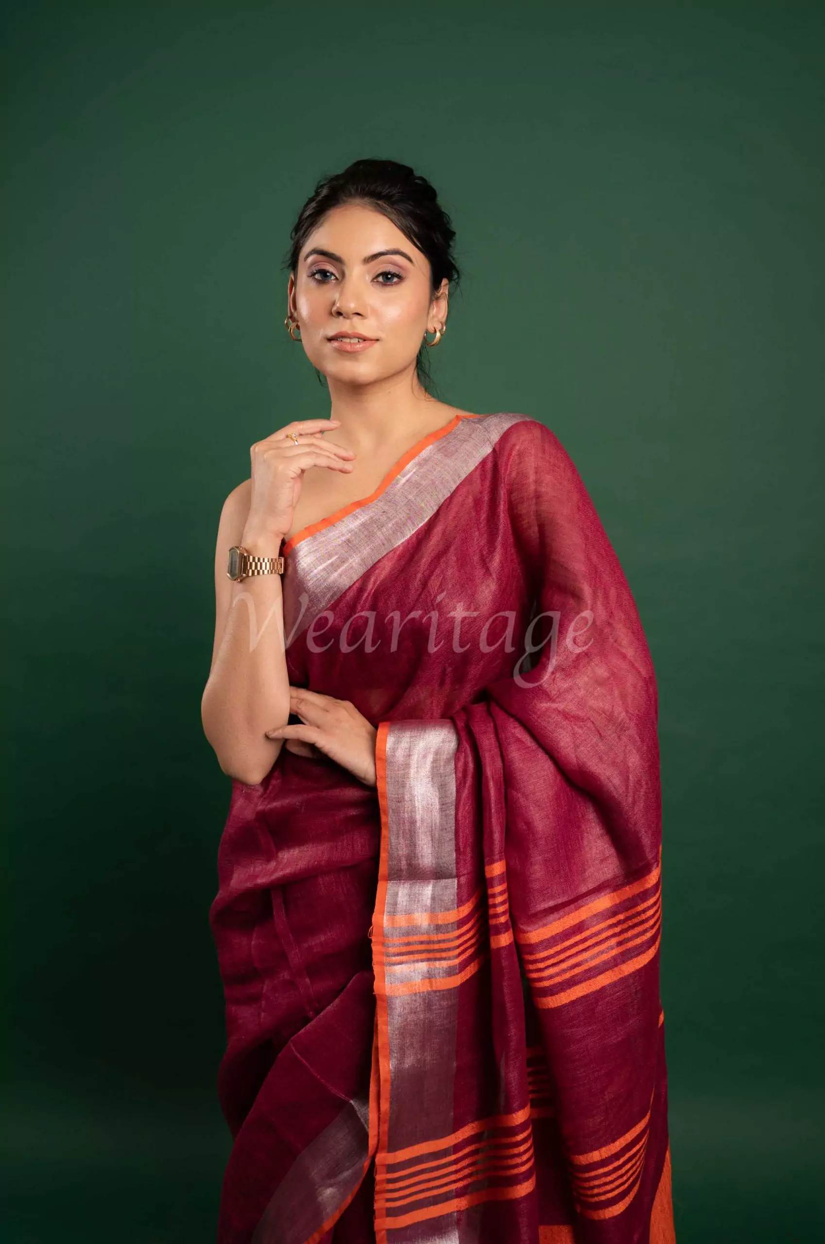 Black maroon grey stripes handwoven linen saree – GoCoop