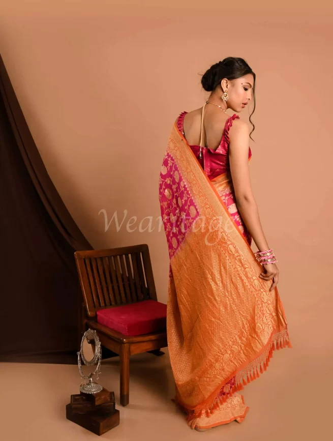 Kanchipuram Silk Checks And Butta Dual Tone Pink And Orange Saree |  Kankatala