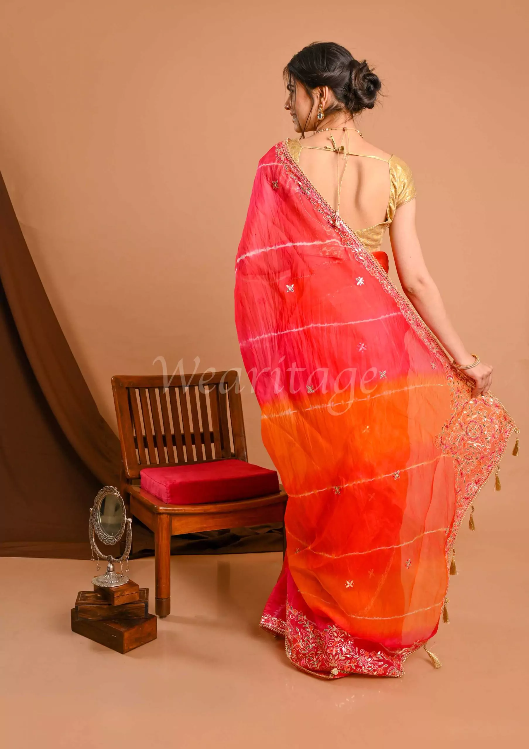 Pink-Orange Casual Wear Floral Printed Chiffon Saree With Fancy Blouse