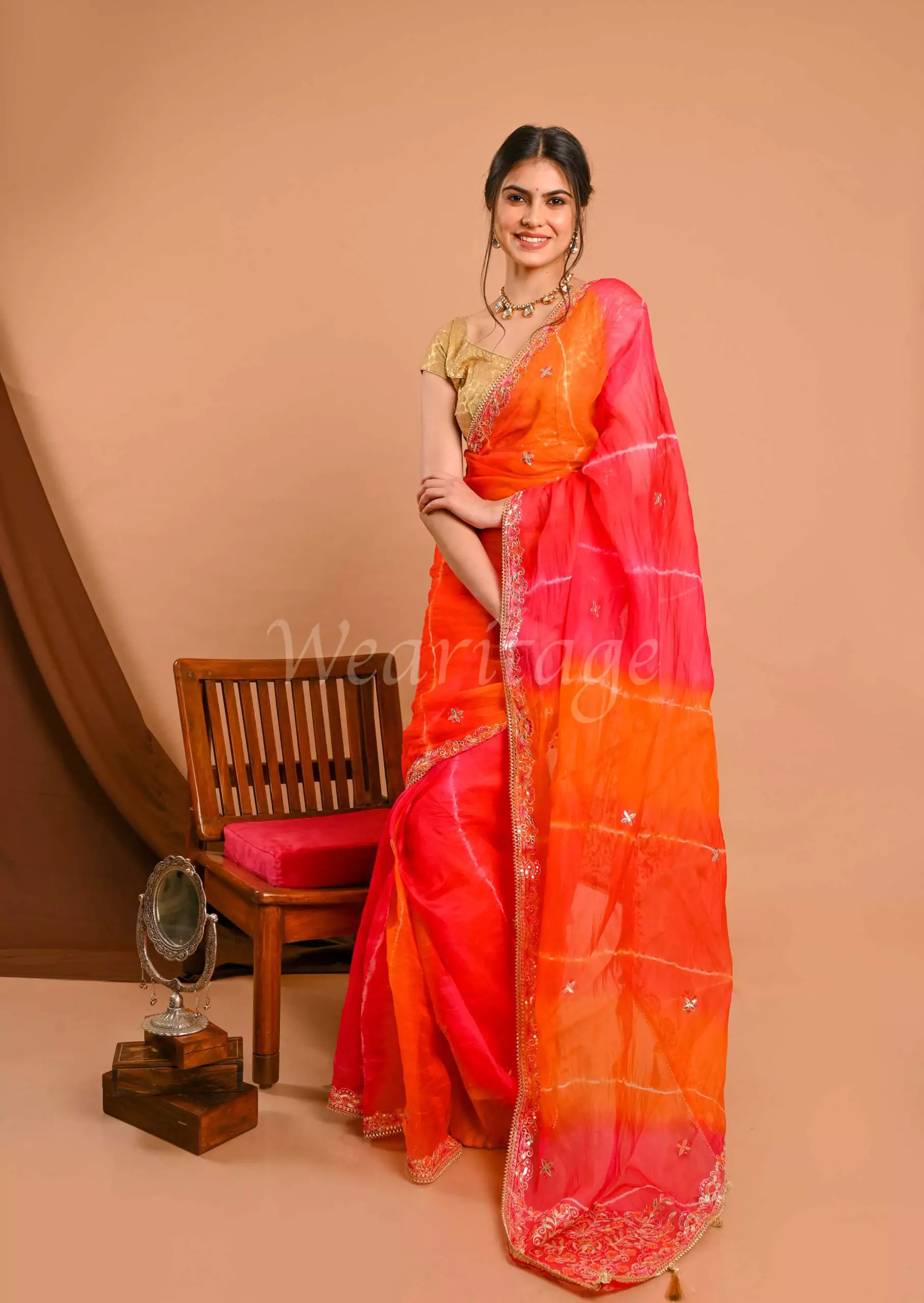 Orange Pink Paithani Katan Silk Handloom Banarasi Saree - Sacred Weaves