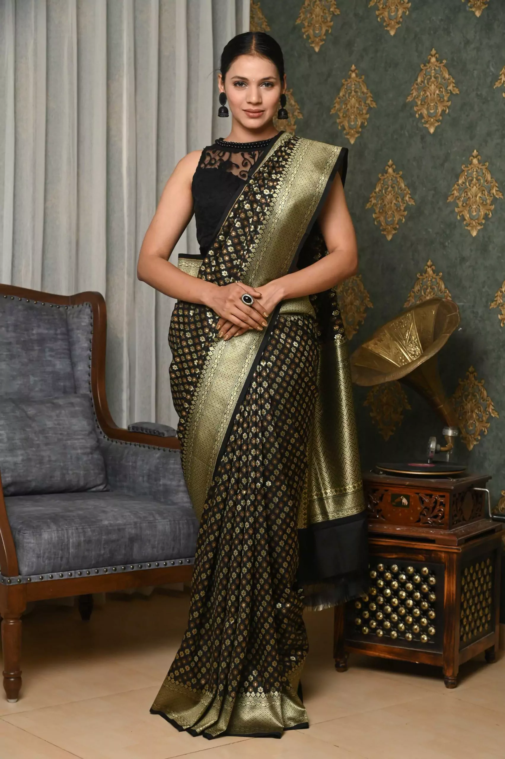 Black Soft Lichi Silk Banarasi Saree with Jacquard Lace Border