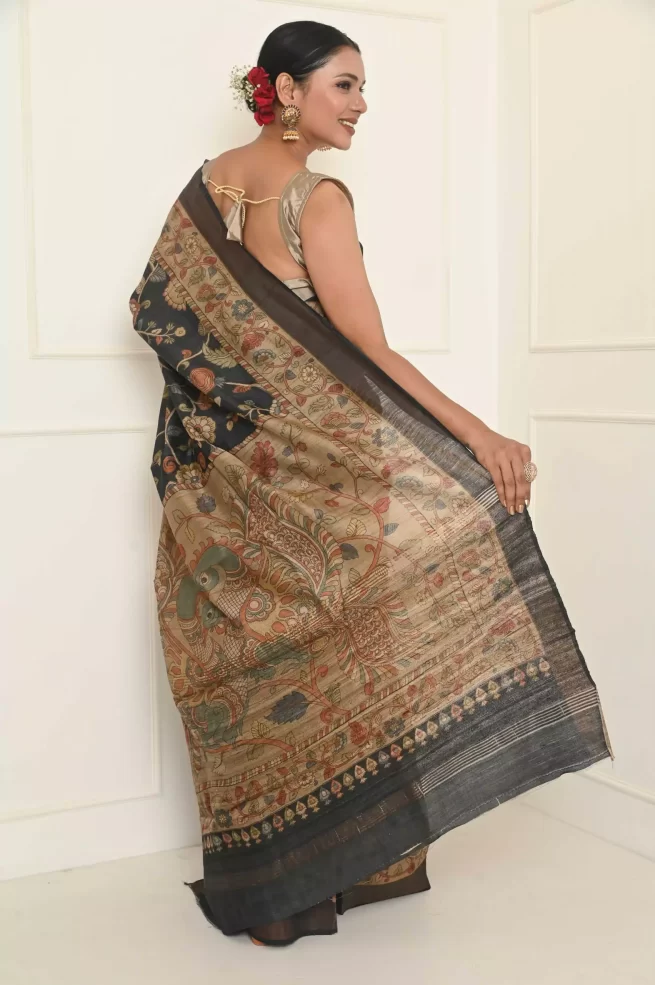 Tussar Silk Printed Saree In Black Colour - SR5131089