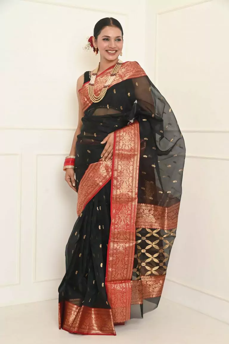 Murshidabad Pure Silk Sarees Handblock Print- Black – My Clothing Treasure