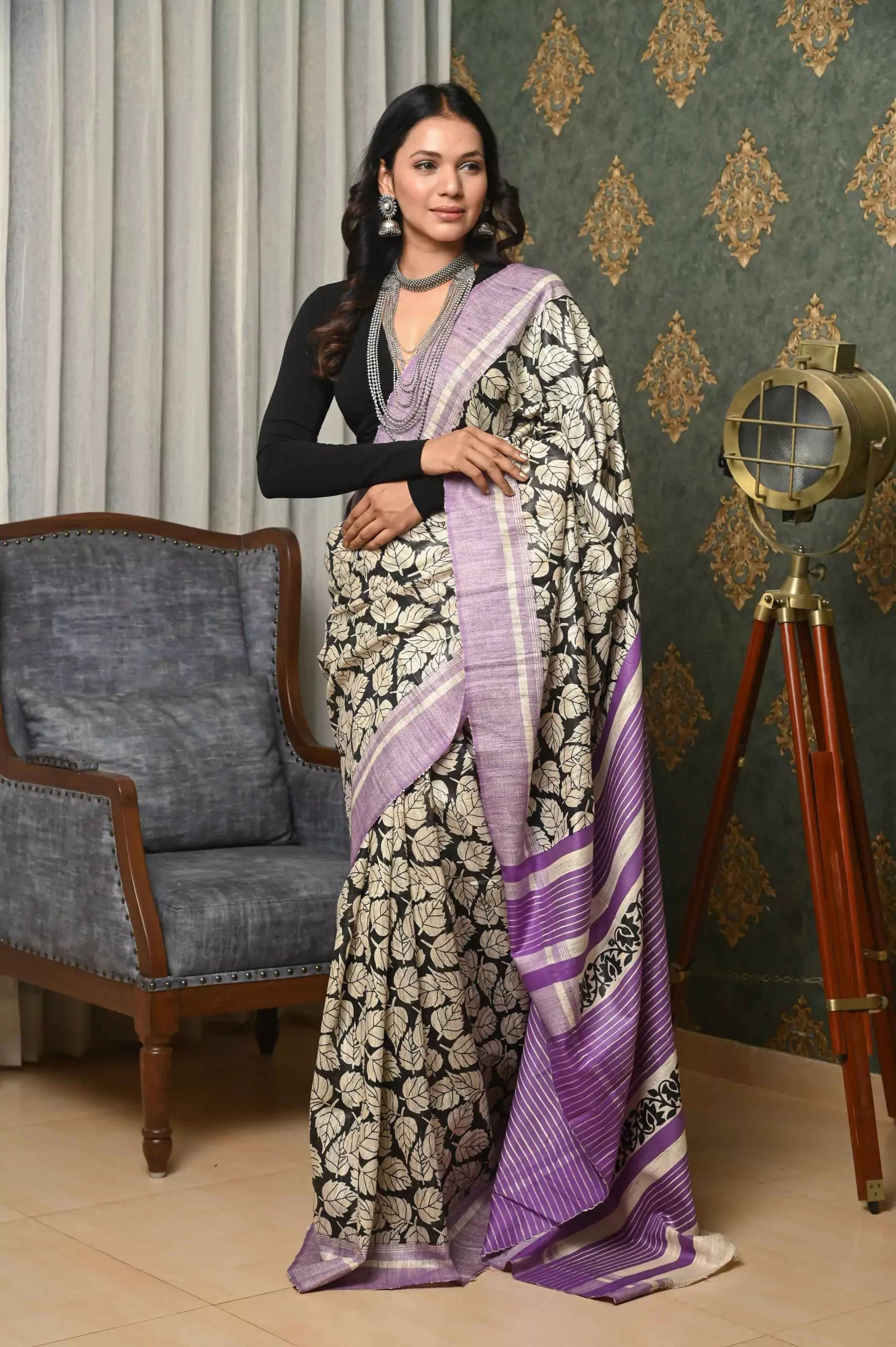 Black & Red Printed Ghicha Tussar Silk Saree Balaram Saha