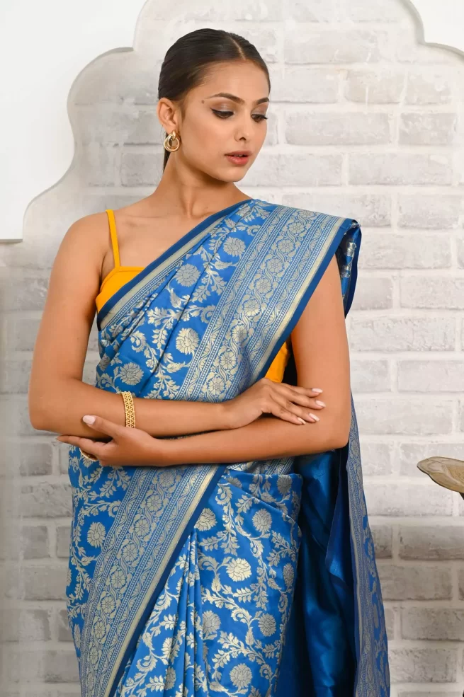 Blue colour Pure Kataan Silk Jangla Banarasi Saree – Rasofab
