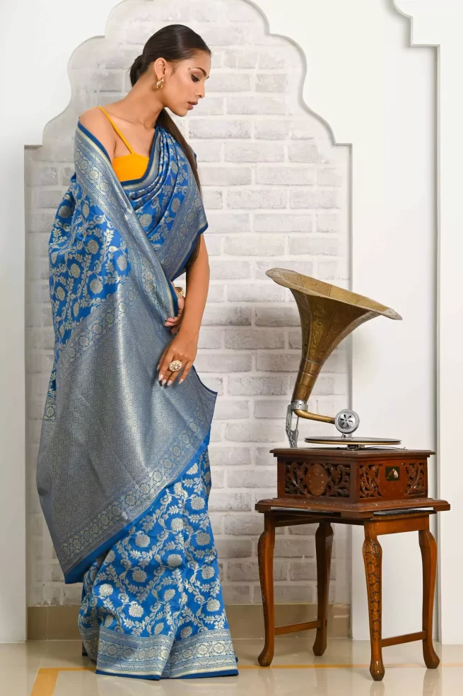Royal Blue Soft Satin Silk Banarasi Saree – Zari Banaras