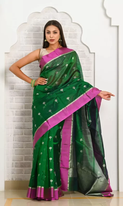 Teal Green Silk Saree with Floral Zari Border and Silver But