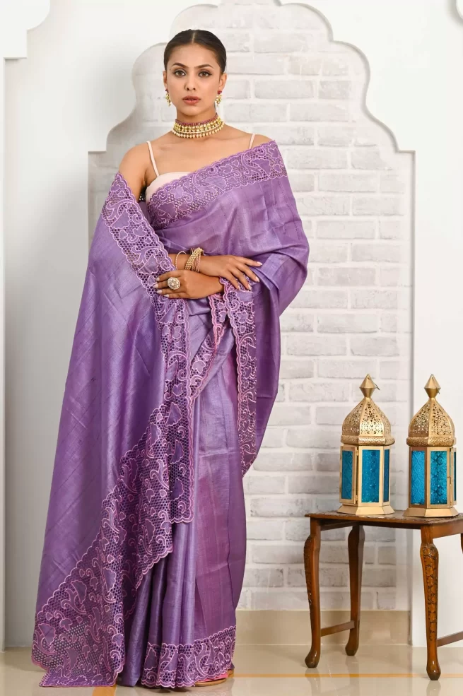Lace Embellished Faux Georgette Saree in Dark Purple : SECA25