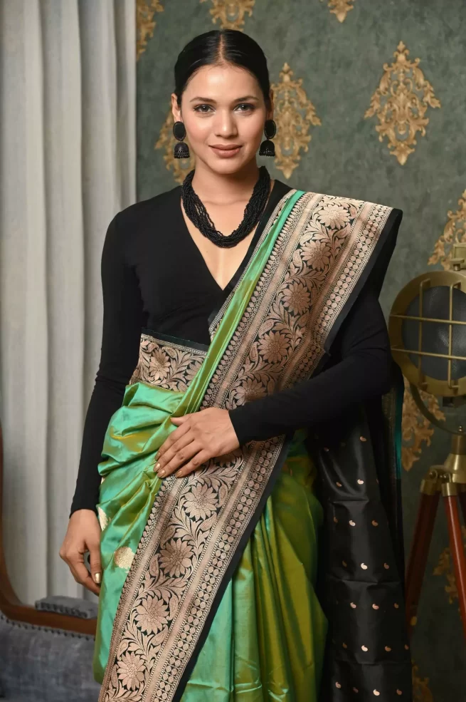 Elegant Black Banarasi Inspired Handwoven Linen Saree - Loomfolks