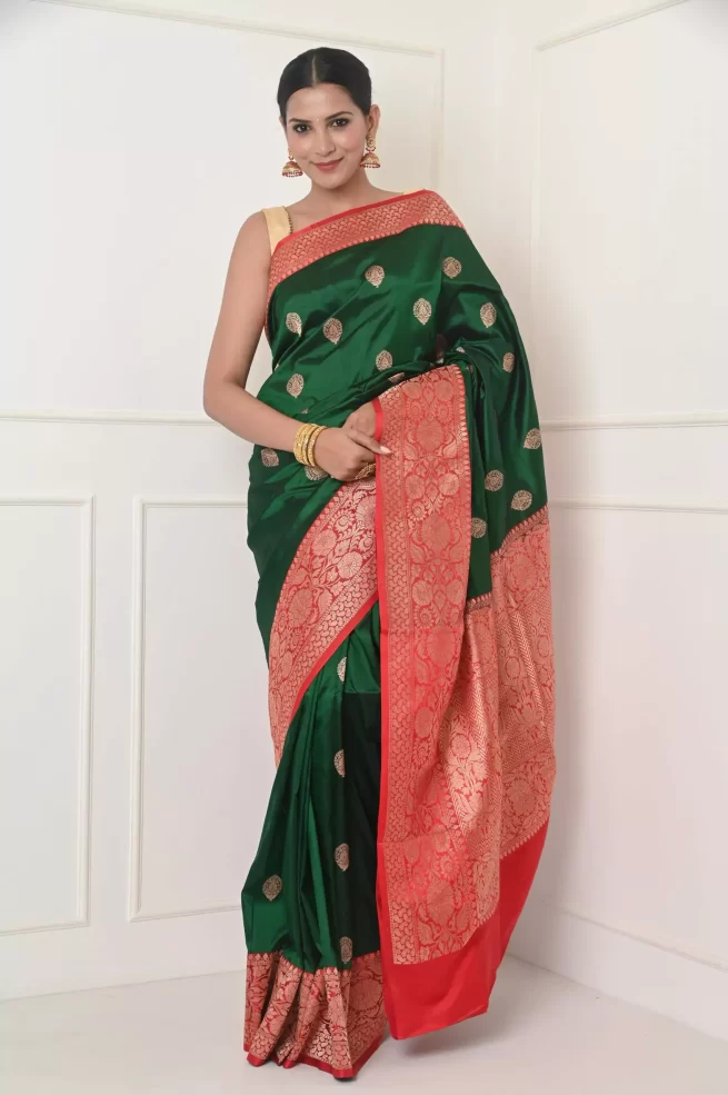 Preferable Green With Red Color Banarasi saree – bollywoodlehenga