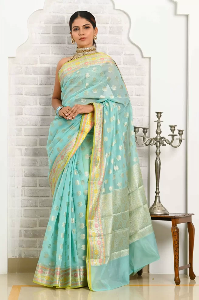 Sky Blue Pure Banarasi Saree With Rich Pallu Latest Designer With Blou –  Bahuji - Online Fashion & Lifestyle Store