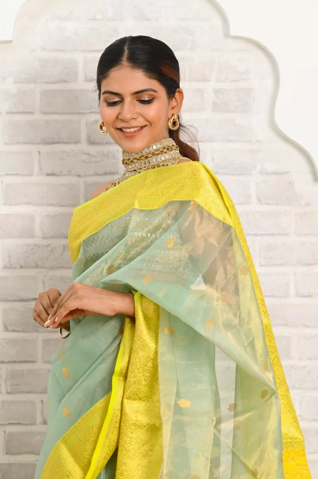 Vindhyavasini Green Chanderi Silk Sari - Katan Weaves India