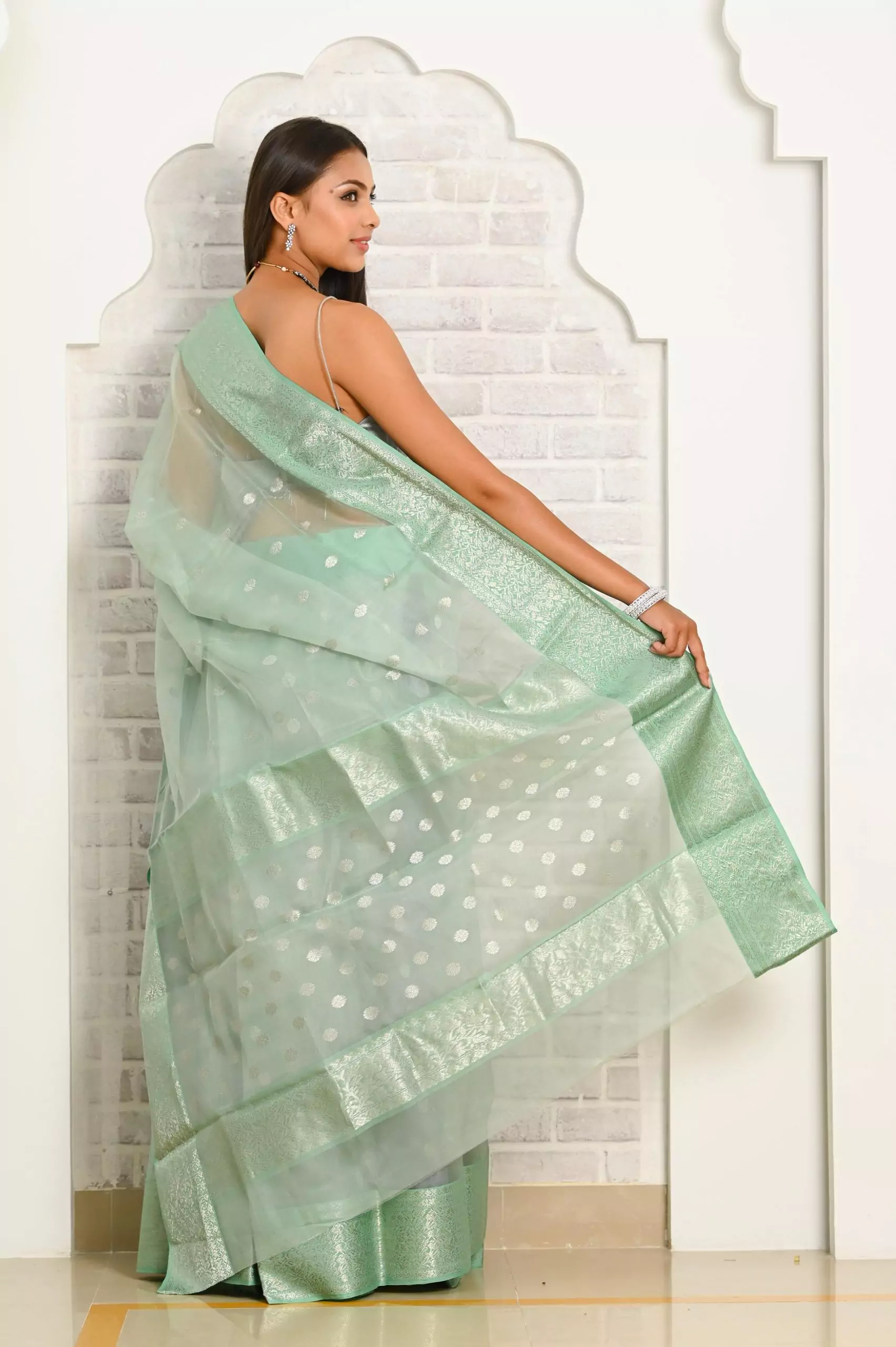 Pastel Green High Neck Shimmer Silk Saree - Sarees Designer Collection |  Saree designs, Party wear sarees, Chiffon saree