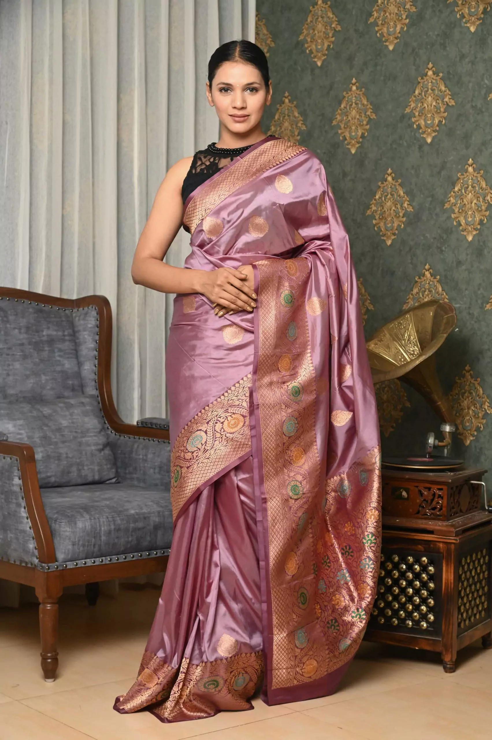 Abstract Bandhani Banarasi Saree with Rose + Floral Motif - Purple – Naina  Jain