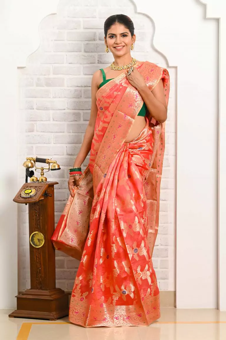 Peach Orange multi color chiffon Lehariya Banarasi saree – Weaver Street