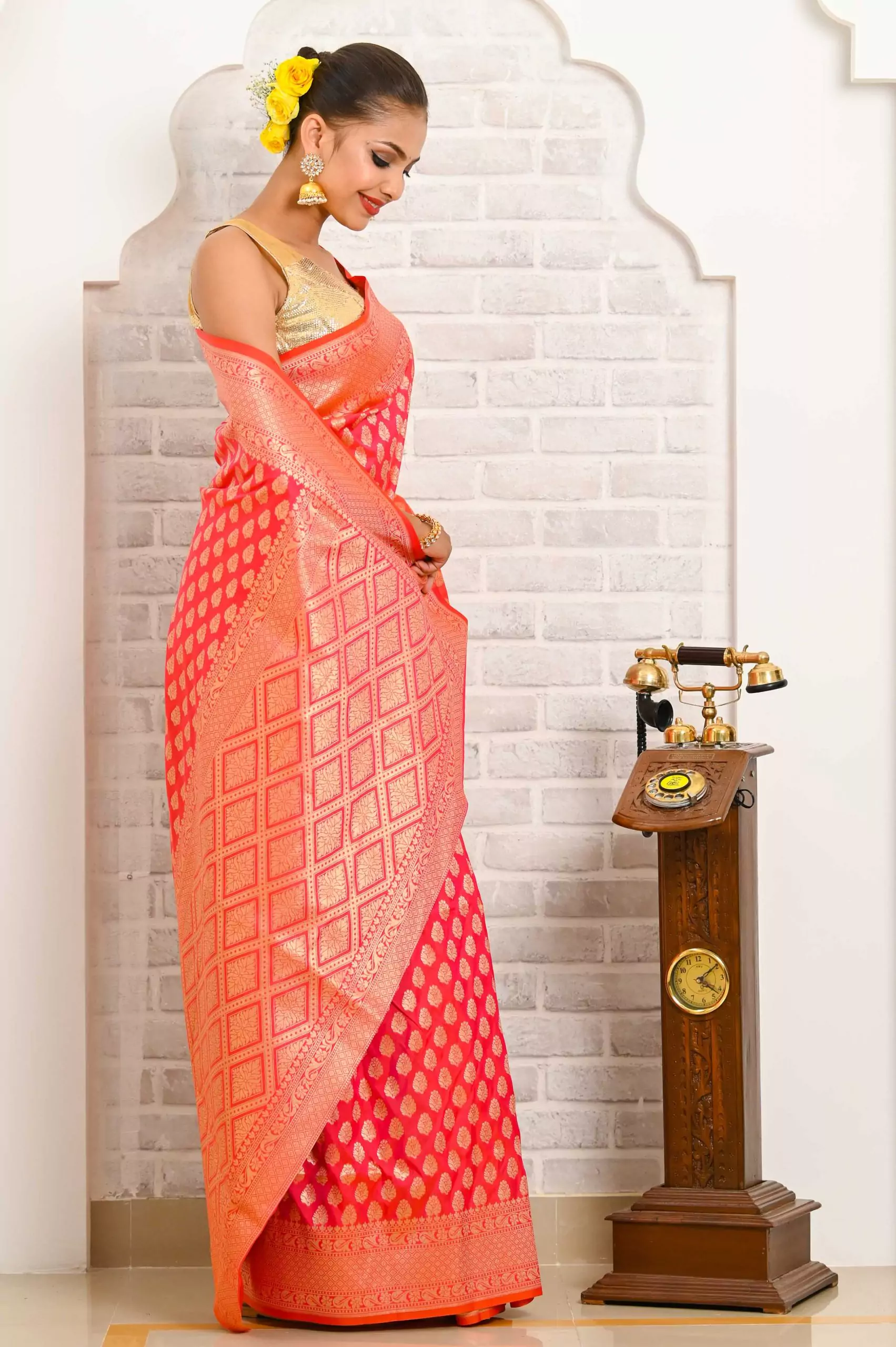 Orange yellow handloom & hand dyed leheriya saree with gold sequin bor