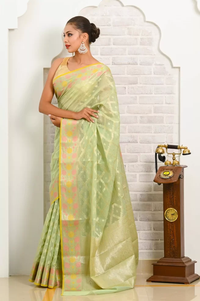 Buy Pista Green Weaving Tissue Silk Saree Online