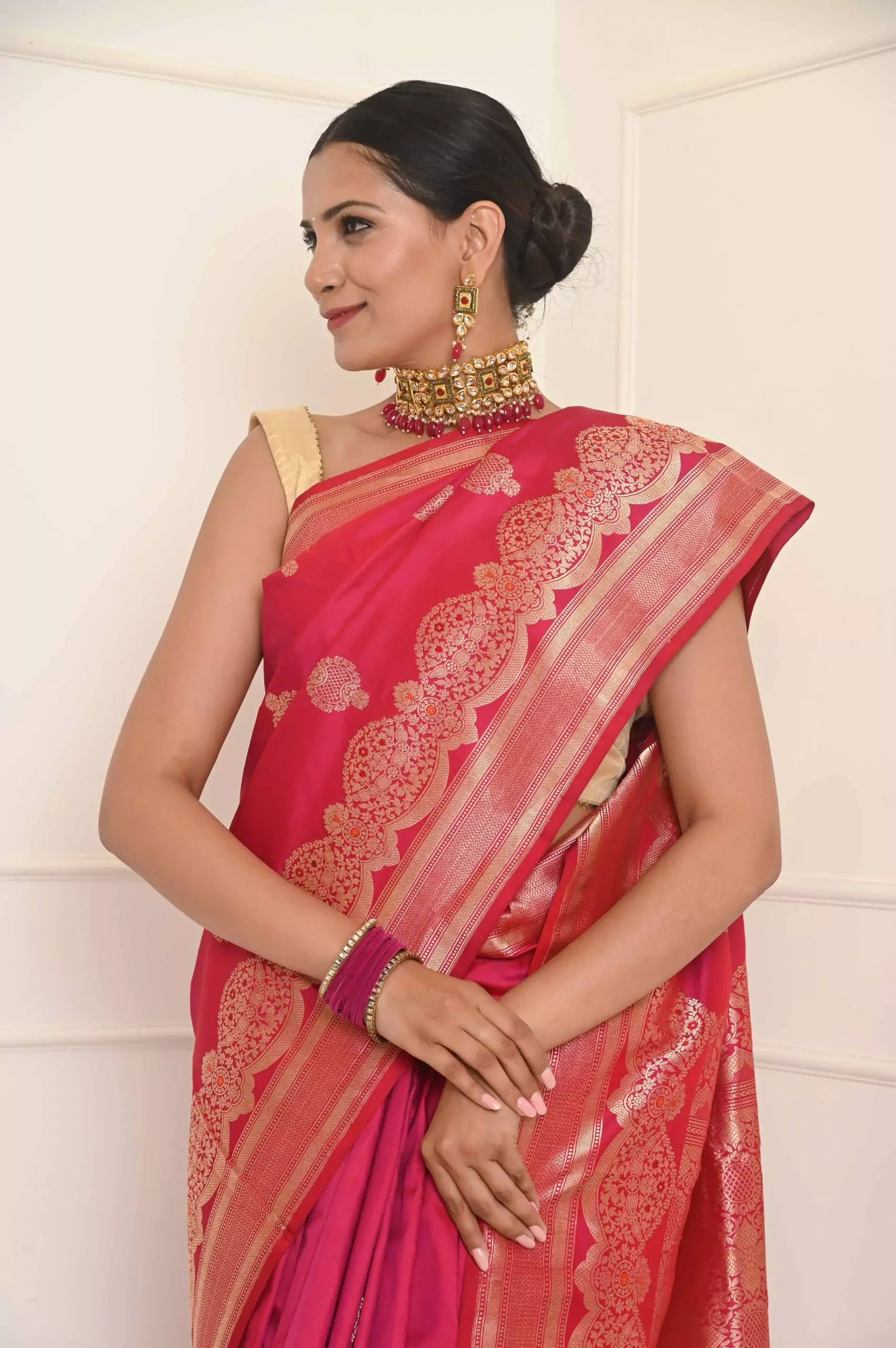 Double Border Kanchipuram Silk Saree | Pink Silk Saree | J.R.Silks