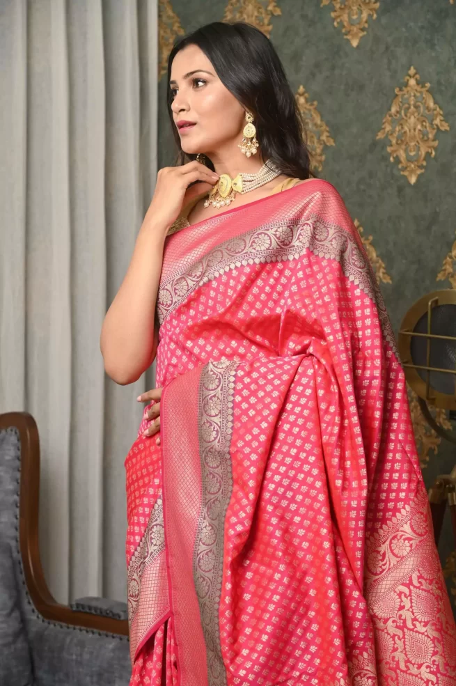 Rani Pink Floral Jaal Handwoven Banarasi Katan Silk Saree – Chinaya Banaras