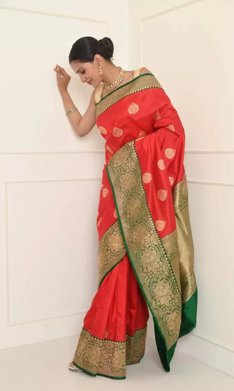 Red & Green Banarasi Silk Woven Wedding Saree – Shopgarb Store