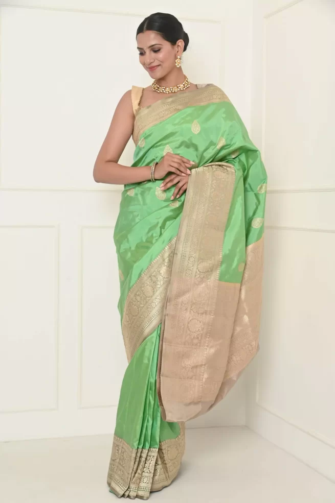 Pastel Green Banarasi Silk Saree – StylebyPanaaash