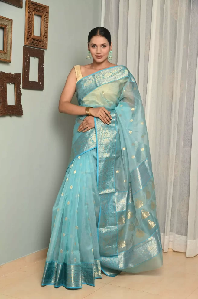 Sky-Blue Bridal Woven Banarasi Silk Saree With Blouse