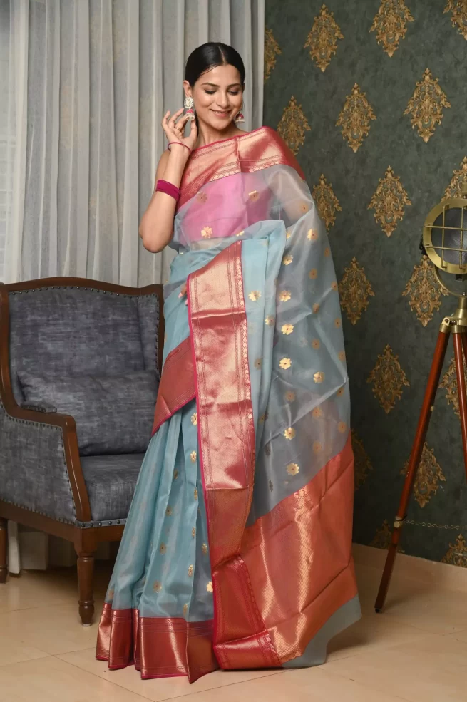 Sky Blue Pure Silk Handwoven Chanderi Saree With Nakshi buti – Wearitage  India