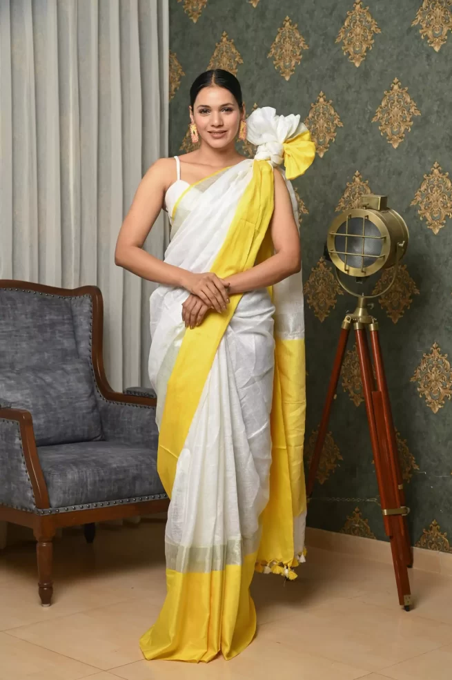 White Linen Saree With Broad Yellow Border – Wearitage India