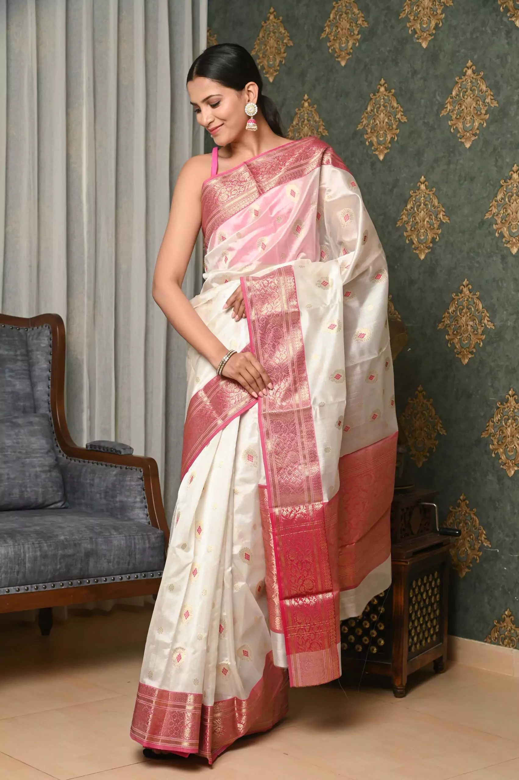 Buy Rose Red Banarasi Chanderi Saree online-Karagiri